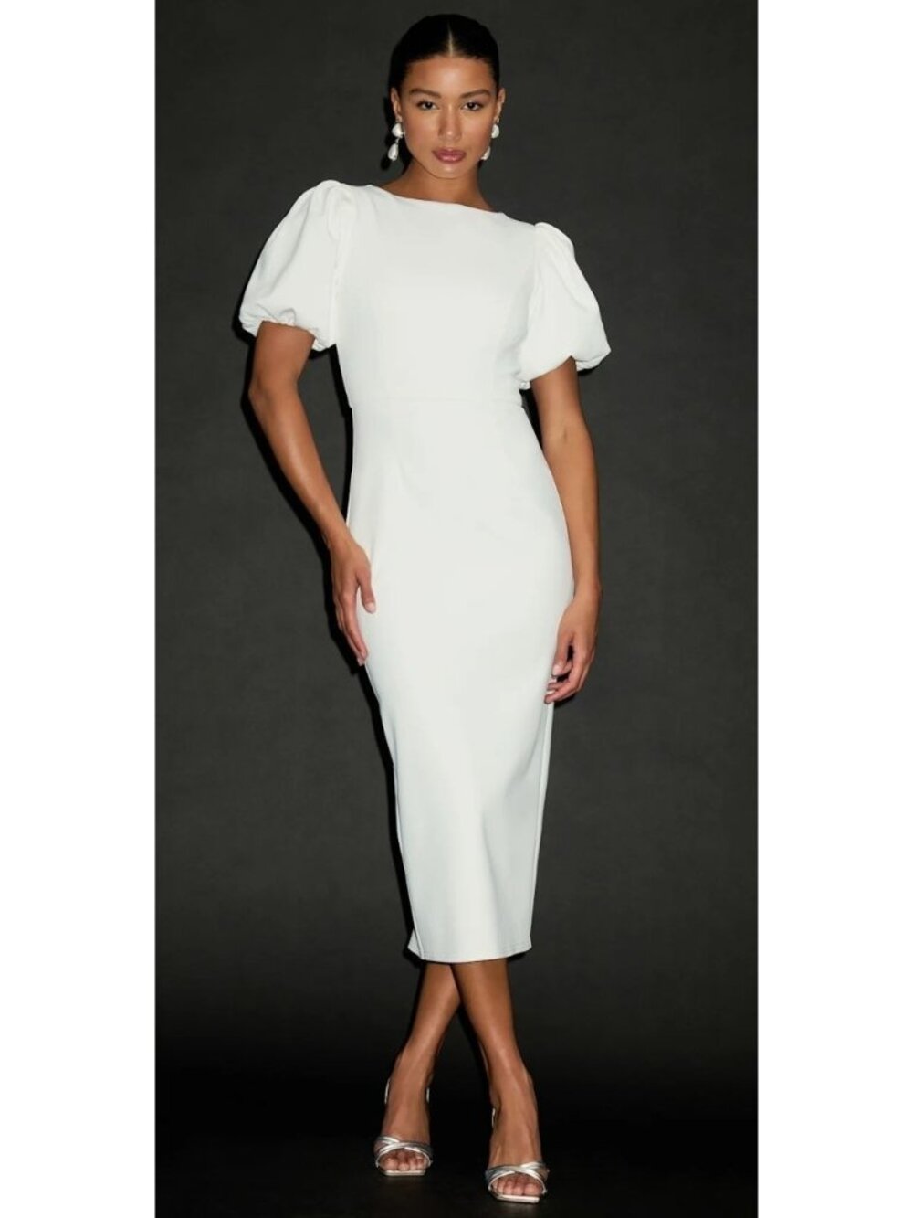 Lulus Simply Beloved White Puff Sleeve Bodycon Midi Dress Size M NWOT